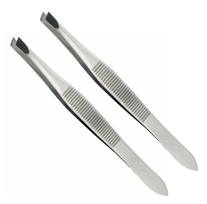 Stainless Steel Tweezers Set (2 Pack) – Slant Tip Eyebrow Pluckers