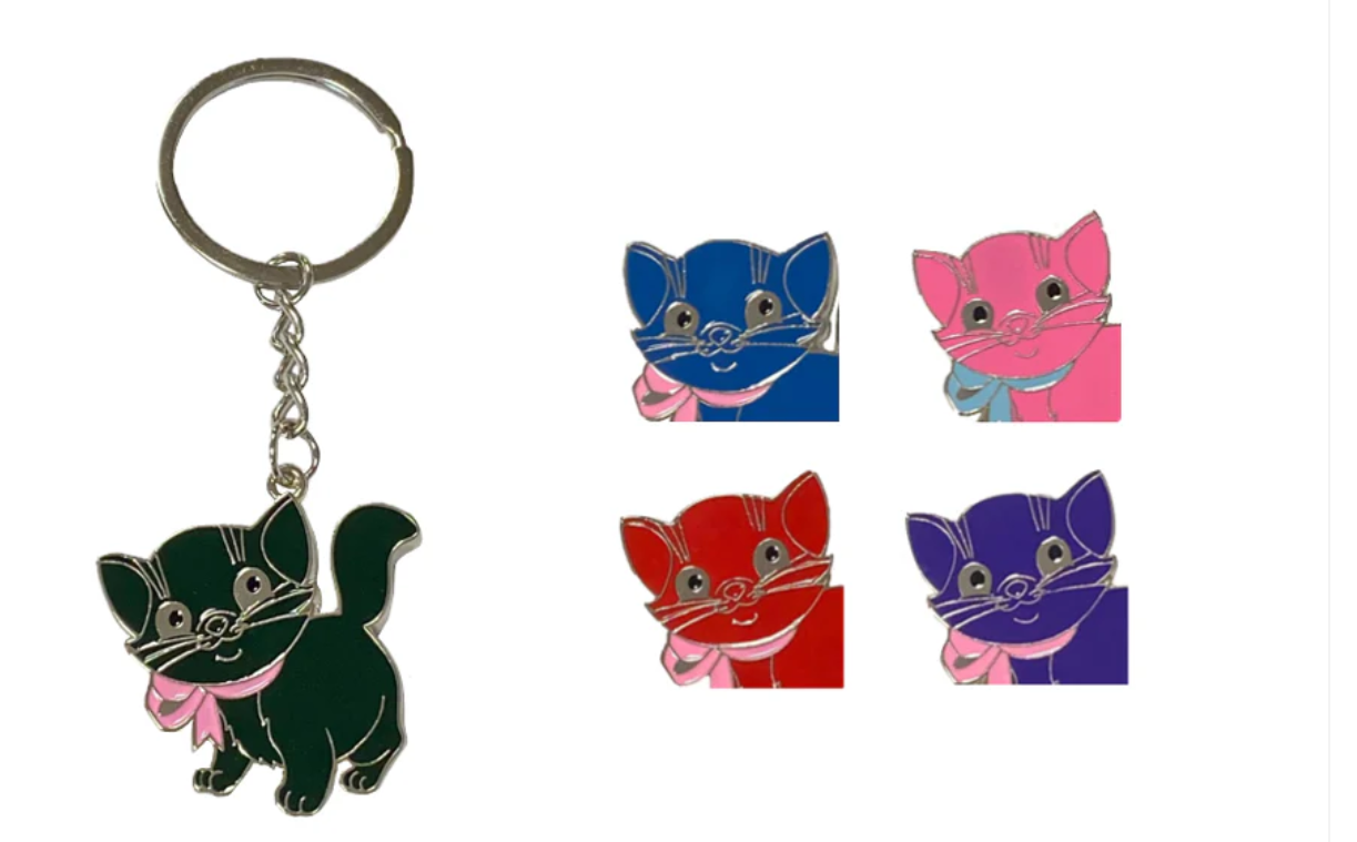 Metal Cat w/ Ribbon Keychain 10 cm – Enamel Heart Charm (Assorted Colours)